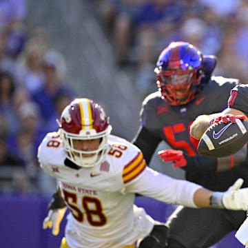 Nov 8, 2025; Fort Worth, Texas, USA; TCU Horned Frogs quarterback Josh Hoover (10) throws the ball during the first half against the Iowa State Cyclones at Amon G. Carter Stadium. Mandatory Credit: Jerome Miron-Imagn Images