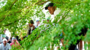 Round 3: Tiger Woods looks out of the trees before playing his shot from the pine straw on the No. 8