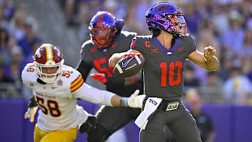 Nov 8, 2025; Fort Worth, Texas, USA; TCU Horned Frogs quarterback Josh Hoover (10) throws the ball during the first half against the Iowa State Cyclones at Amon G. Carter Stadium. Mandatory Credit: Jerome Miron-Imagn Images