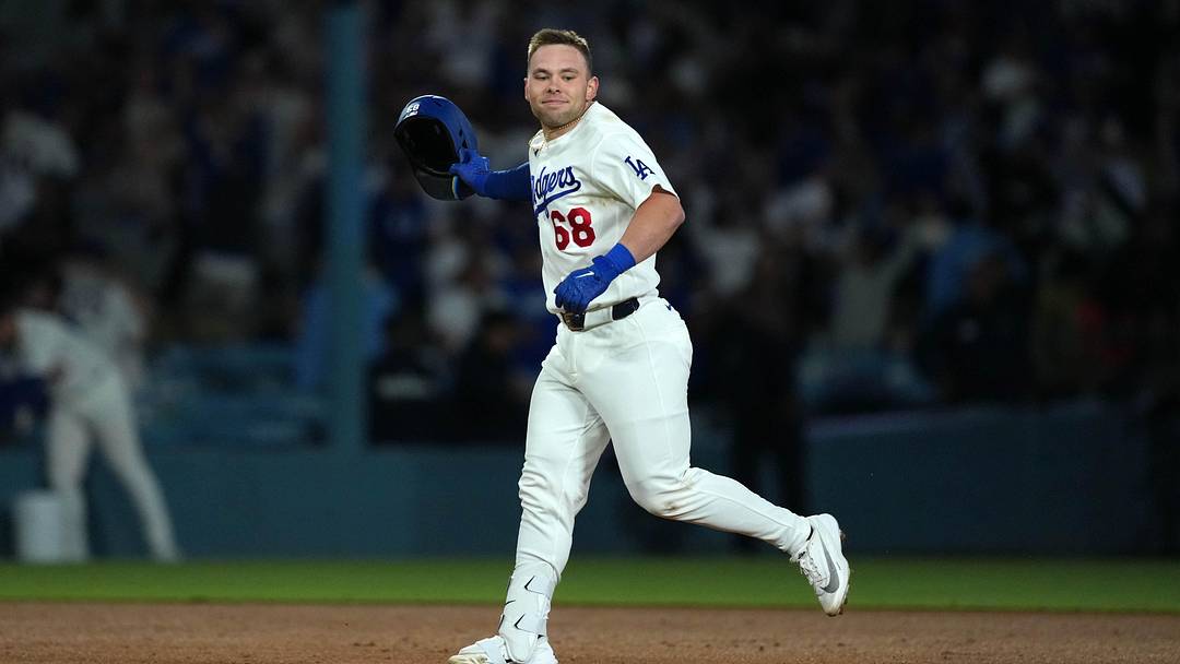 Los Angeles Dodgers catcher Dalton Rushing (68) celebrates after hitting a walk-off single against the Baltimore Orioles at Dodger Stadium on June 19.