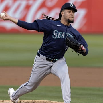 Seattle Mariners starting pitcher Luis Castillo throws against the Oakland Athletics on Tuesday at Oakland Coliseum.