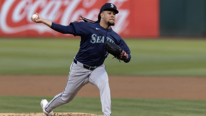 Seattle Mariners starting pitcher Luis Castillo throws against the Oakland Athletics on Tuesday at Oakland Coliseum.