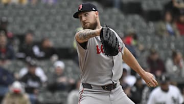 Apr 13, 2025; Chicago, Illinois, USA;  Boston Red Sox pitcher Garrett Crochet (35) delivers against the Chicago White Sox during the first inning at Guaranteed Rate Field. Mandatory Credit: Matt Marton-Imagn Images