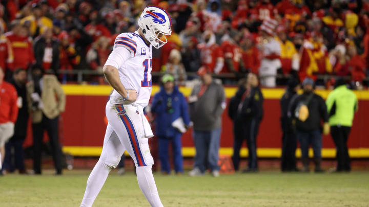 Bills quarterback Josh Allen walks off the field after a Chiefs stop. The Chiefs beat the Bills 42-36 in overtime.