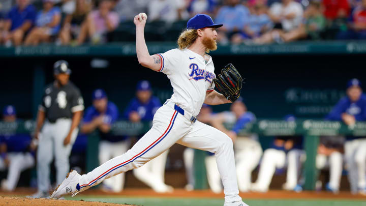 Jul 23, 2024; Arlington, Texas, USA; Texas Rangers pitcher Jon Gray (22) throws during the third inning against the Chicago White Sox at Globe Life Field. Mandatory Credit: Andrew Dieb-USA TODAY Sports