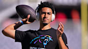 Oct 6, 2024; Chicago, Illinois, USA; Carolina Panthers quarterback Bryce Young (9) warms up before the game against the Chicago Bears at Soldier Field. Mandatory Credit: Daniel Bartel-Imagn Images