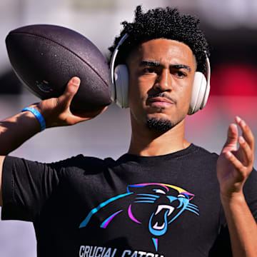 Oct 6, 2024; Chicago, Illinois, USA; Carolina Panthers quarterback Bryce Young (9) warms up before the game against the Chicago Bears at Soldier Field. Mandatory Credit: Daniel Bartel-Imagn Images