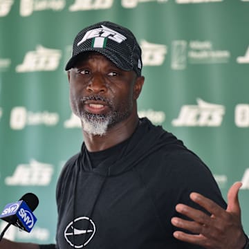 Jul 25, 2025; Florham Park, NJ, USA; New York Jets head coach Aaron Glenn speaks to the media during training camp at Atlantic Health Jets Training Center. Mandatory Credit: John Jones-Imagn Images