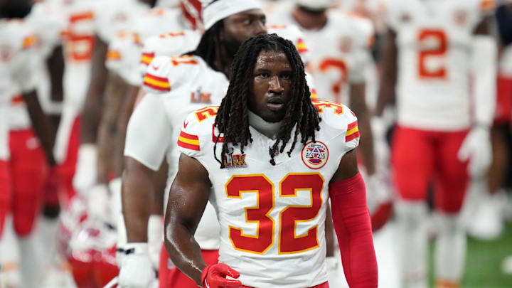 ansas City Chiefs linebacker Nick Bolton (32) takes the field before Super Bowl LIX