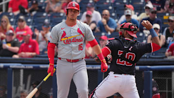 Mar 4, 2024; West Palm Beach, Florida, USA; St. Louis Cardinals second baseman Nolan Gorman (16) walks back to the dugout after striking out against the Washington Nationals in the first inning at CACTI Ballpark of the Palm Beaches. Mandatory Credit: Jim Rassol-Imagn Images