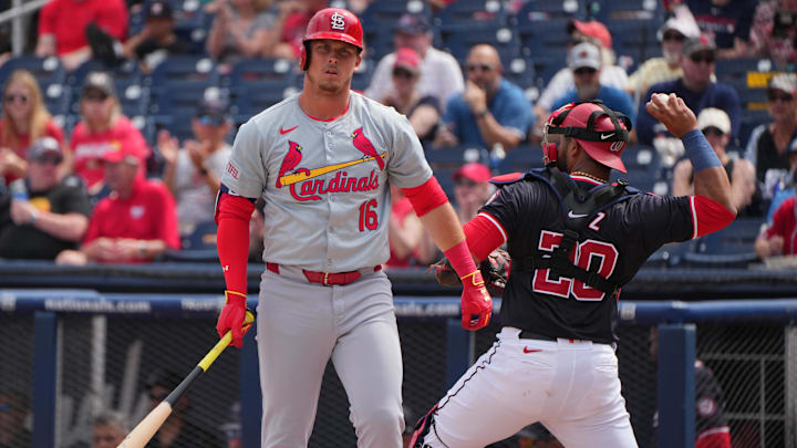 Mar 4, 2024; West Palm Beach, Florida, USA; St. Louis Cardinals second baseman Nolan Gorman (16) walks back to the dugout after striking out against the Washington Nationals in the first inning at CACTI Ballpark of the Palm Beaches. Mandatory Credit: Jim Rassol-Imagn Images