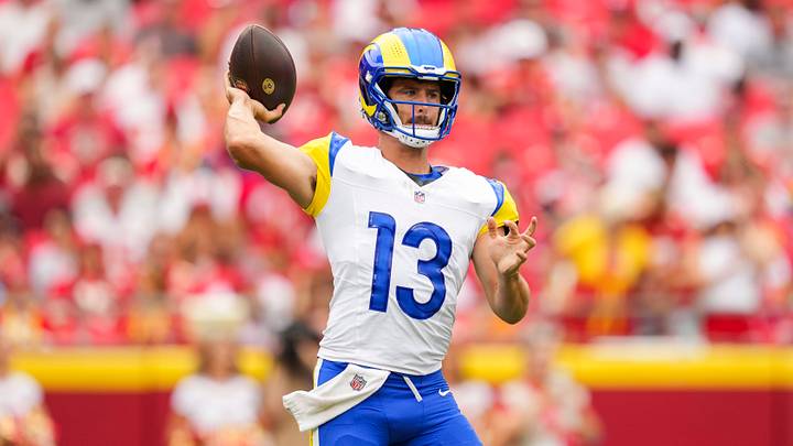 Aug 15, 2026; Kansas City, Missouri, USA; Los Angeles Rams quarterback Stetson Bennett IV (13) throws a pass during the first half against the Kansas City Chiefs at Arrowhead Stadium. Mandatory Credit: Jay Biggerstaff-Imagn Images