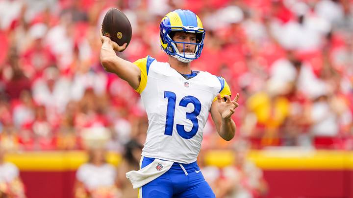 Aug 15, 2026; Kansas City, Missouri, USA; Los Angeles Rams quarterback Stetson Bennett IV (13) throws a pass during the first half against the Kansas City Chiefs at Arrowhead Stadium. Mandatory Credit: Jay Biggerstaff-Imagn Images