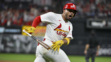 Jun 9, 2025; St. Louis, Missouri, USA;  St. Louis Cardinals catcher Ivan Herrera (48) tosses his bat after hitting a three run home run against the Toronto Blue Jays during the eighth inning at Busch Stadium. Mandatory Credit: Jeff Curry-Imagn Images