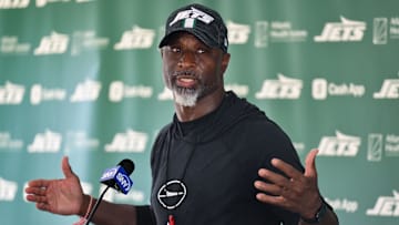 Jul 25, 2025; Florham Park, NJ, USA; New York Jets head coach Aaron Glenn speaks to the media during training camp at Atlantic Health Jets Training Center. Mandatory Credit: John Jones-Imagn Images