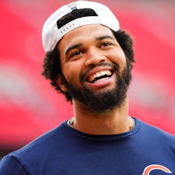 Aug 22, 2024; Kansas City, Missouri, USA; Chicago Bears quarterback Caleb Williams (18) warms up prior to a game against the Kansas City Chiefs at GEHA Field at Arrowhead Stadium.