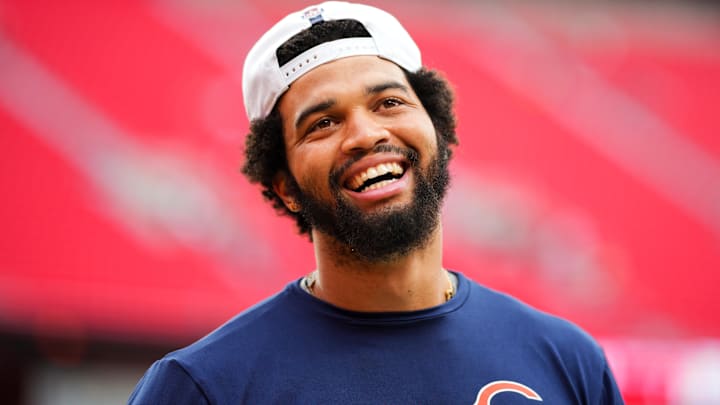 Aug 22, 2024; Kansas City, Missouri, USA; Chicago Bears quarterback Caleb Williams (18) warms up prior to a game against the Kansas City Chiefs at GEHA Field at Arrowhead Stadium.