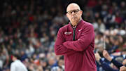 Jan 18, 2025; Spokane, Washington, USA; Santa Clara Broncos head coach Herb Sendek looks on during a game against the Gonzaga Bulldogs in the second half at McCarthey Athletic Center. Santa Clara Broncos won 103-99.
