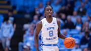 Nov 11, 2025; Chapel Hill, North Carolina, USA; North Carolina Tar Heels forward Caleb Wilson (8) brings the ball up court against the Radford Highlanders in the second half at Dean E. Smith Center. 