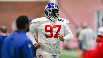 Jun 17, 2025; East Rutherford, NJ, USA; New York Giants defensive tackle Dexter Lawrence II (97) participates in a drill during minicamp at Quest Diagnostics Training Center. Mandatory Credit: John Jones-Imagn Images