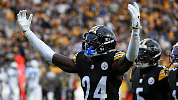 Nov 2, 2025; Pittsburgh, Pennsylvania, USA; Pittsburgh Steelers cornerback Joey Porter Jr. (24) celebrates after a play during the fourth quarter against the Indianapolis Colts at Acrisure Stadium. Mandatory Credit: Barry Reeger-Imagn Images