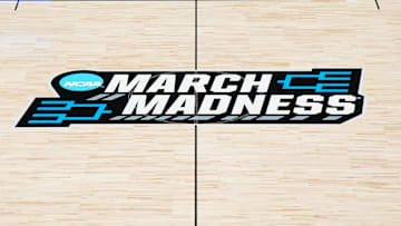 Mar 21, 2024; Spokane, WA, USA; A general overall view of the March Madness logo at center court of the Spokane Veterans Memorial Arena. Mandatory Credit: Kirby Lee-Imagn Images