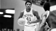 Indiana guard Butch Carter brings the ball up the floor during a game at Assembly Hall during the 1979 season.