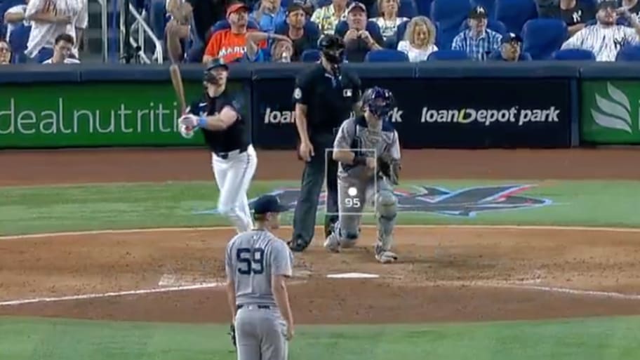 Newest Yankees reliever Jake Bird surrendered a grand slam in his first game with the club.  | Screengrab Twitter @Marlins