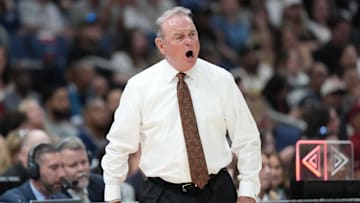 Apr 4, 2025; Tampa, FL, USA;  Texas Longhorns head coach Vic Schaefer reacts during the fourth quarter in a semifinal of the women's 2025 NCAA tournament against the South Carolina Gamecocks at Amalie Arena. Mandatory Credit: Kirby Lee-Imagn Images