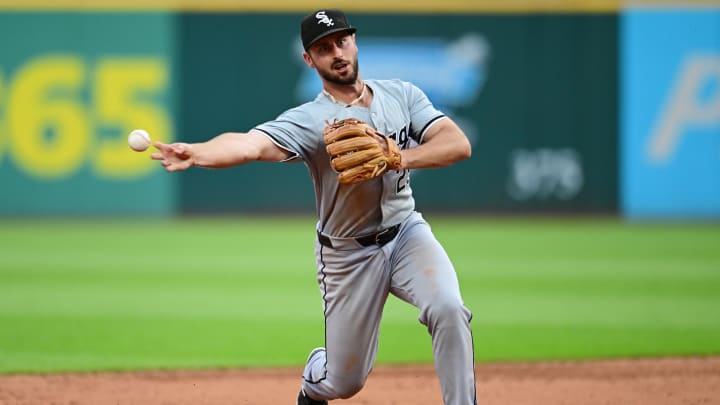 Jul 2, 2024; Cleveland, Ohio, USA; Chicago White Sox shortstop Paul DeJong (29) attempts to throw out Cleveland Guardians first baseman Josh Naylor (not pictured) at third base during the sixth inning at Progressive Field. DeJong hit Naylor with the ball and Naylor scored on the play. Mandatory Credit: Ken Blaze-USA TODAY Sports