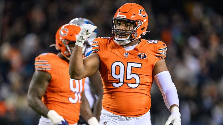 Nov 9, 2023; Chicago, Illinois, USA; Chicago Bears defensive lineman DeMarcus Walker (95) celebrates a defensive play against the Carolina Panthers during the second quarter at Soldier Field.