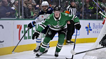 Dec 1, 2024; Dallas, Texas, USA; Dallas Stars defenseman Nils Lundkvist (5) in action during the game between the Dallas Stars and the Winnipeg Jets at American Airlines Center. Mandatory Credit: Jerome Miron-Imagn Images