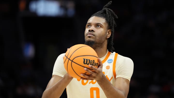 Tennessee Volunteers forward Jonas Aidoo (0) prepares to shoot in the first round of the 2024 NCAA Tournament at Spectrum Center. 