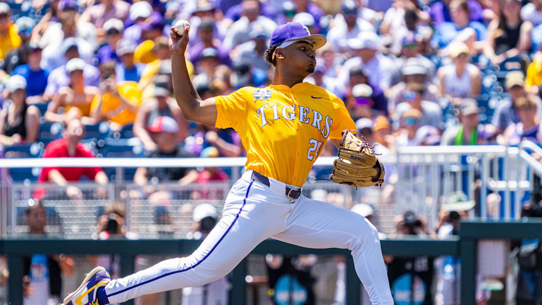 Jun 22, 2025; Omaha, Neb, USA; LSU Tigers starting pitcher Anthony Eyanson (24) pitches against the Coastal Carolina Chanticleers during the first inning at Charles Schwab Field. Mandatory Credit: Dylan Widger-Imagn Images