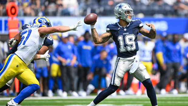 Dallas Cowboys quarterback Trey Lance (19) throws a pass against the Los Angeles Rams during the second quarter at SoFi Stadi