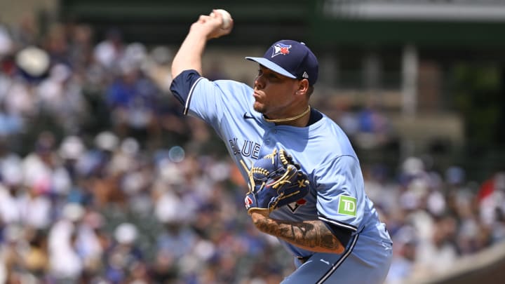 Toronto Blue Jays pitcher Yariel Rodriguez (29) delivers the ball against the Chicago Cubs during the first inning at Wrigley Field on Aug 16.