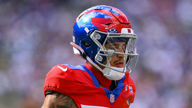 Jalin Hyatt in the New York Giants' Century Red Uniforms that were on display last year. 