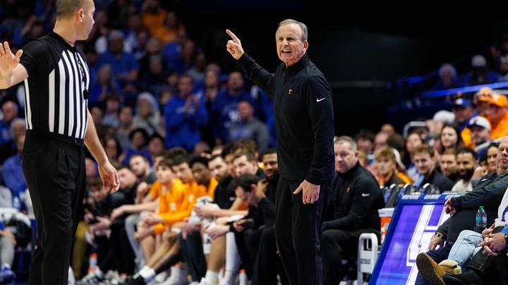 Feb 11, 2025; Lexington, Kentucky, USA; Tennessee Volunteers head coach Rick Barnes has a discussion with a referee during the second half against the Kentucky Wildcats at Rupp Arena at Central Bank Center. Mandatory Credit: Jordan Prather-Imagn Images