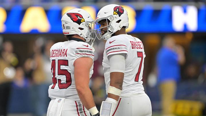 Jan 4, 2026; Inglewood, California, USA;  Arizona Cardinals tight end Josiah Deguara (45) reacts with quarterback Jacoby Brissett (7) after a touchdown catch against the Los Angeles Rams during the second half at SoFi Stadium. Mandatory Credit: Jayne Kamin-Oncea-Imagn Images