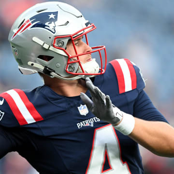 Aug 15, 2024; Foxborough, Massachusetts, USA; New England Patriots quarterback Bailey Zappe (4) throws the ball before a game against the Philadelphia Eagles at Gillette Stadium. Mandatory Credit: Brian Fluharty-USA TODAY Sports