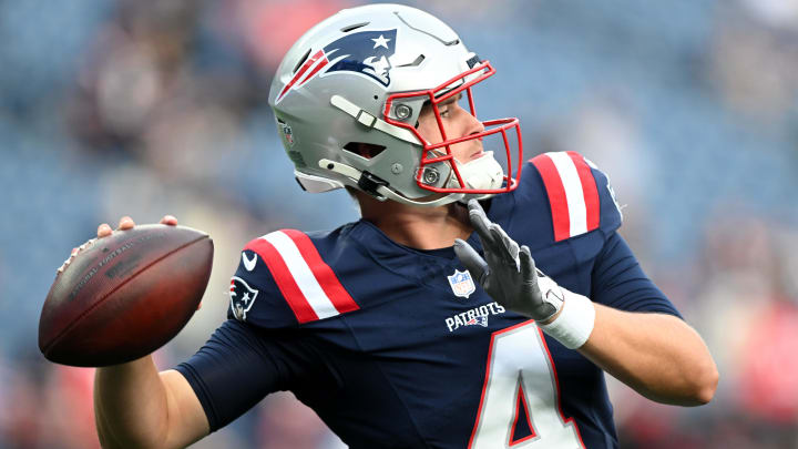 Aug 15, 2024; Foxborough, Massachusetts, USA; New England Patriots quarterback Bailey Zappe (4) throws the ball before a game against the Philadelphia Eagles at Gillette Stadium. Mandatory Credit: Brian Fluharty-USA TODAY Sports