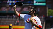 Sep 21, 2025; St. Louis, Missouri, USA; St. Louis Cardinals third baseman Nolan Arenado (28) salutes the fans after he was ceremonially removed before the start of the first inning against the Milwaukee Brewers at Busch Stadium. Mandatory Credit: Jeff Curry-Imagn Images
