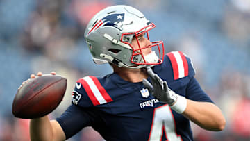 Aug 15, 2024; Foxborough, Massachusetts, USA; New England Patriots quarterback Bailey Zappe (4) throws the ball before a game against the Philadelphia Eagles at Gillette Stadium. Mandatory Credit: Brian Fluharty-Imagn Images