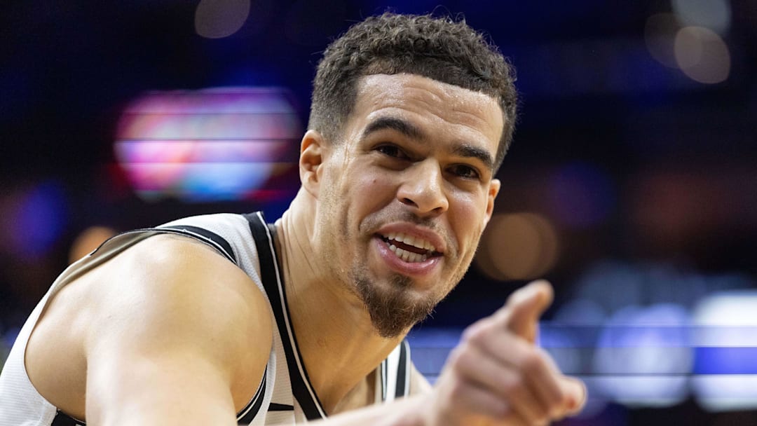 Dec 23, 2025; Philadelphia, Pennsylvania, USA; Brooklyn Nets forward Michael Porter Jr. (17) reacts in the direction of fans during the second quarter against the Philadelphia 76ers at Xfinity Mobile Arena. Mandatory Credit: Bill Streicher-Imagn Images