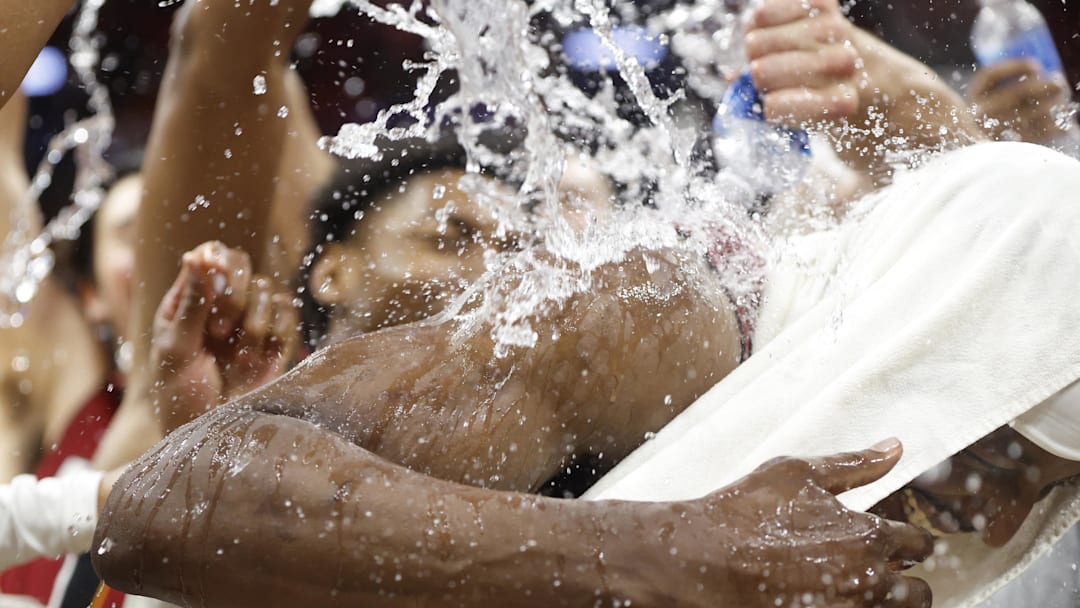 Mar 10, 2026; Miami, Florida, USA;  Miami Heat center Bam Adebayo (13) celebrates with teammates after becoming the NBA's second highest scorer of points, with 83 in a game against the Wshington Wizards at Kaseya Center. Mandatory Credit: Rhona Wise-Imagn Images