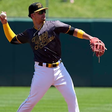 Indianapolis Indians second baseman Nick Yorke (24) throws a ball before the start of an inning during a game against the Louisville Bats on Sunday, May 18, 2025, at Victory Field in Indianapolis.