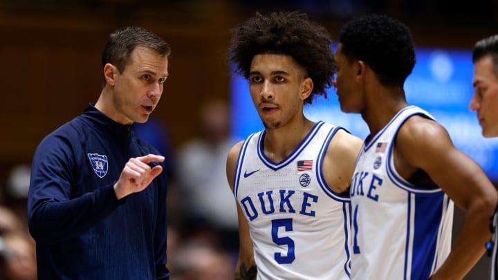 Wake Forest v Duke; Duke basketball guards Tyrese Proctor and Caleb Foster with Jon Scheyer