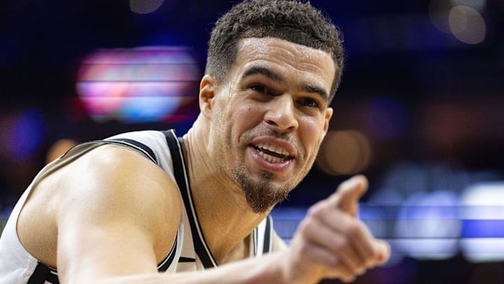Dec 23, 2025; Philadelphia, Pennsylvania, USA; Brooklyn Nets forward Michael Porter Jr. (17) reacts in the direction of fans during the second quarter against the Philadelphia 76ers at Xfinity Mobile Arena. Mandatory Credit: Bill Streicher-Imagn Images