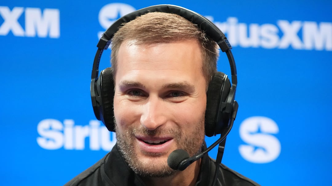 Feb 6, 2026; San Francisco, CA, USA; Kirk Cousins on the Opening Drive show at the SiriusXM NFL radio set at the Super Bowl LX media center at the Moscone Center. Mandatory Credit: Kirby Lee-Imagn Images