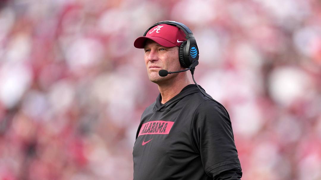 Jan 1, 2026; Pasadena, CA, USA; Alabama Crimson Tide head coach Kalen DeBoer watches in the second half against the Indiana Hoosiers at the 2026 Rose Bowl and quarterfinal game of the College Football Playoff at Rose Bowl Stadium. Mandatory Credit: Kirby Lee-Imagn Images